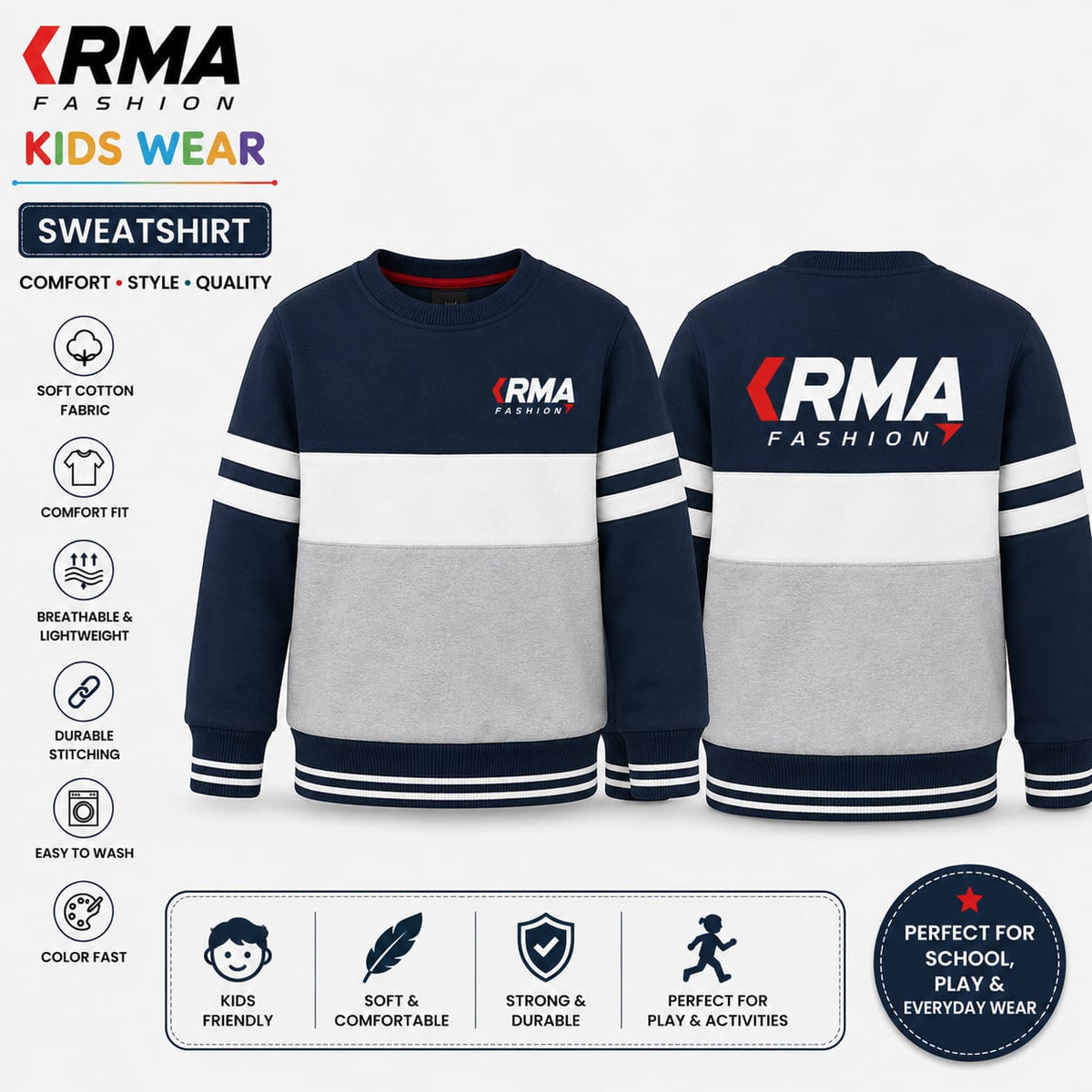 KRMA Fashion Kids Sweatshirt | Premium Cotton Crew Neck Sweatshirt for Boys & Girls