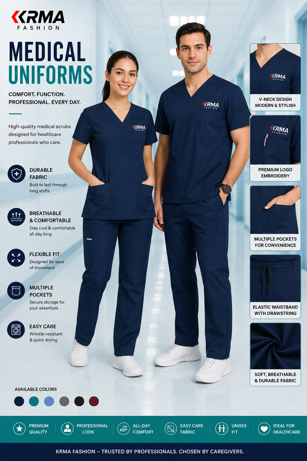 KRMA Premium Medical Scrub Uniform Set – Custom Healthcare Scrubs for Doctors, Nurses & Medical Staff
