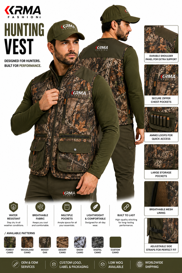 KRMA Fashion Hunting Vest | Camouflage Hunting & Tactical Vest | Multi-Pocket Outdoor Hunting Gear | OEM & ODM Manufacturer