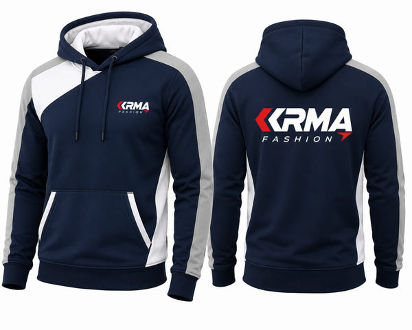 KRMA Fashion Premium Pullover Hoodie – Navy Blue & White Fleece Hoodie for Men