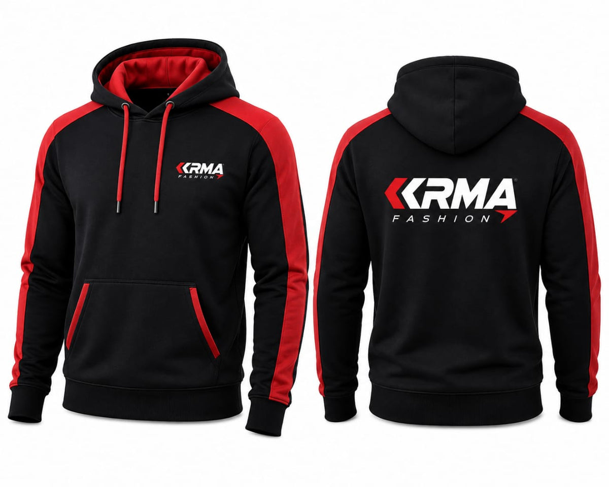 KRMA Fashion Premium Pullover Hoodie – Black & Red Fleece Hoodie for Men